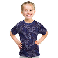 Deep Blue Monstera Kid T Shirt Polynesian Tribal Pattern - Polynesian Pride