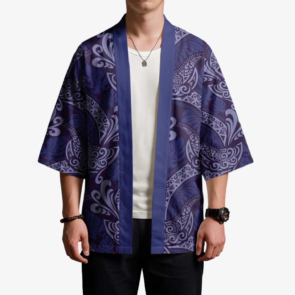 Deep Blue Monstera Kimono Polynesian Tribal Pattern - Polynesian Pride