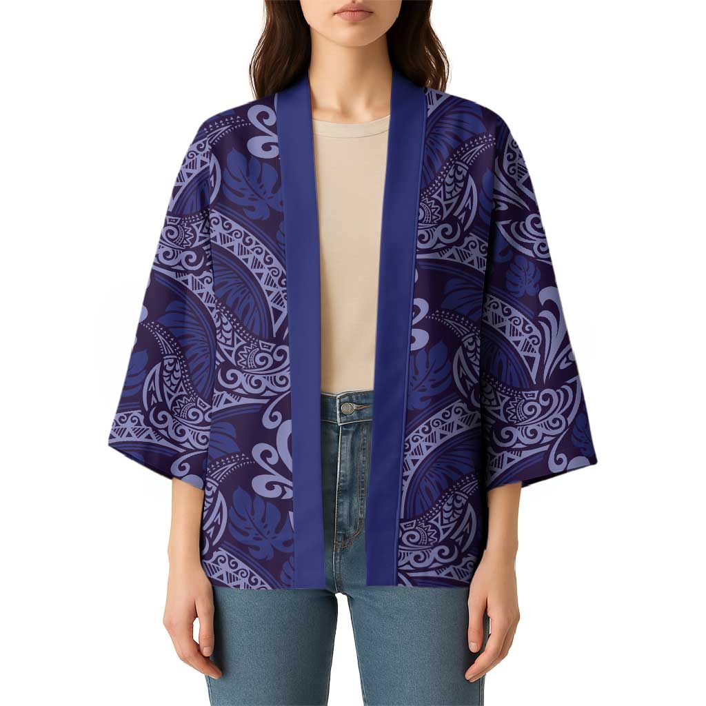 Deep Blue Monstera Kimono Polynesian Tribal Pattern - Polynesian Pride