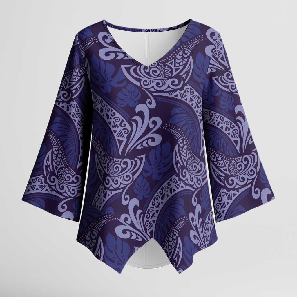 Deep Blue Monstera Kimono Sleeve Blouse Polynesian Tribal Pattern - Polynesian Pride