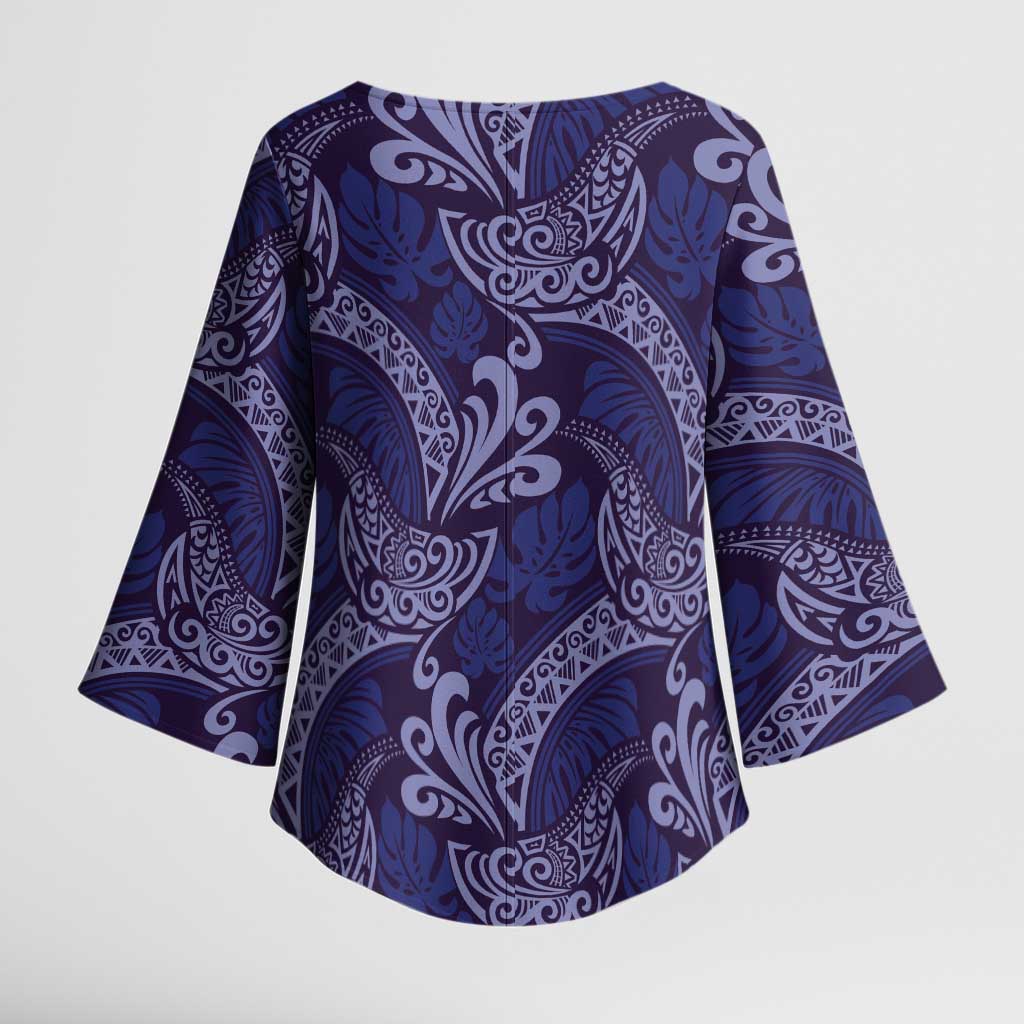 Deep Blue Monstera Kimono Sleeve Blouse Polynesian Tribal Pattern - Polynesian Pride