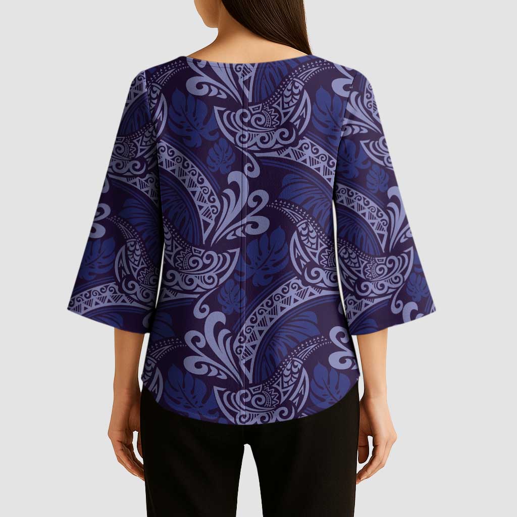 Deep Blue Monstera Kimono Sleeve Blouse Polynesian Tribal Pattern - Polynesian Pride