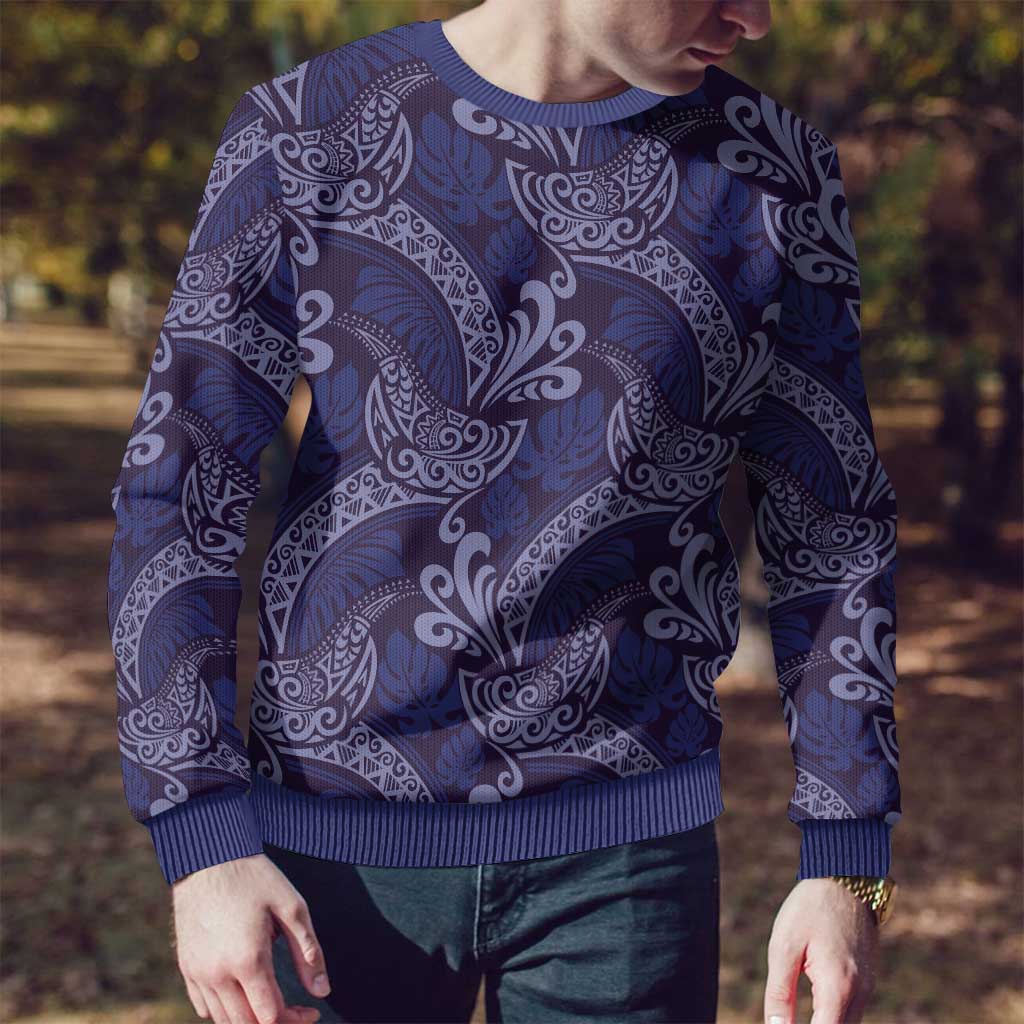 Deep Blue Monstera Ugly Christmas Sweater Polynesian Tribal Pattern - Polynesian Pride