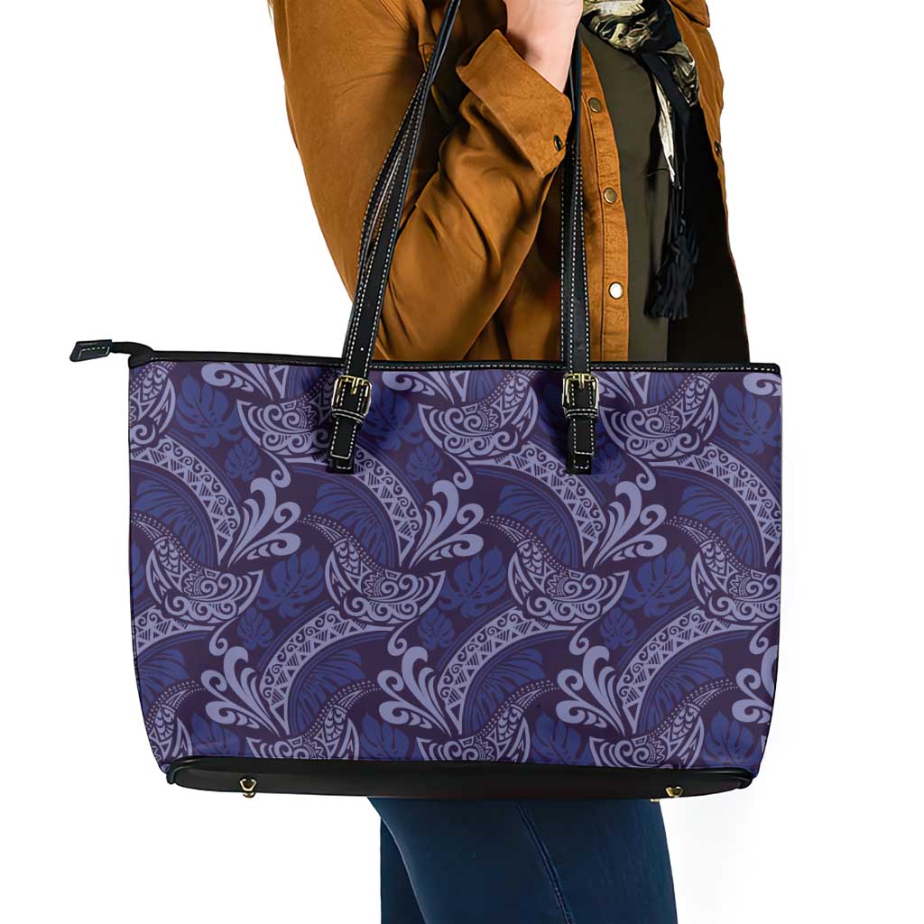 Deep Blue Monstera Leather Tote Bag Polynesian Tribal Pattern - Polynesian Pride