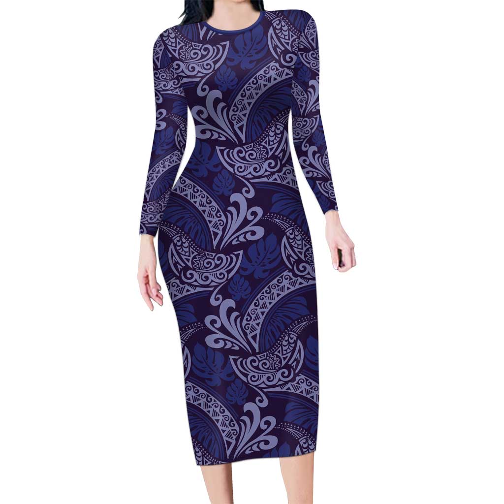 Deep Blue Monstera Long Sleeve Bodycon Dress Polynesian Tribal Pattern - Polynesian Pride