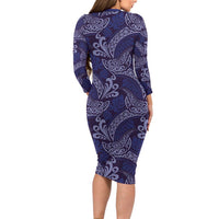 Deep Blue Monstera Long Sleeve Bodycon Dress Polynesian Tribal Pattern - Polynesian Pride
