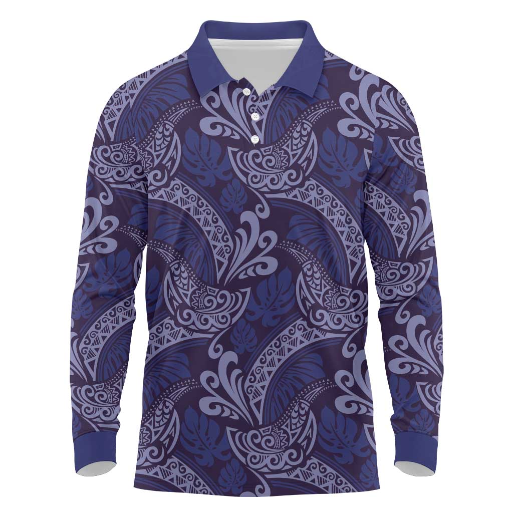 Deep Blue Monstera Long Sleeve Polo Shirt Polynesian Tribal Pattern - Polynesian Pride