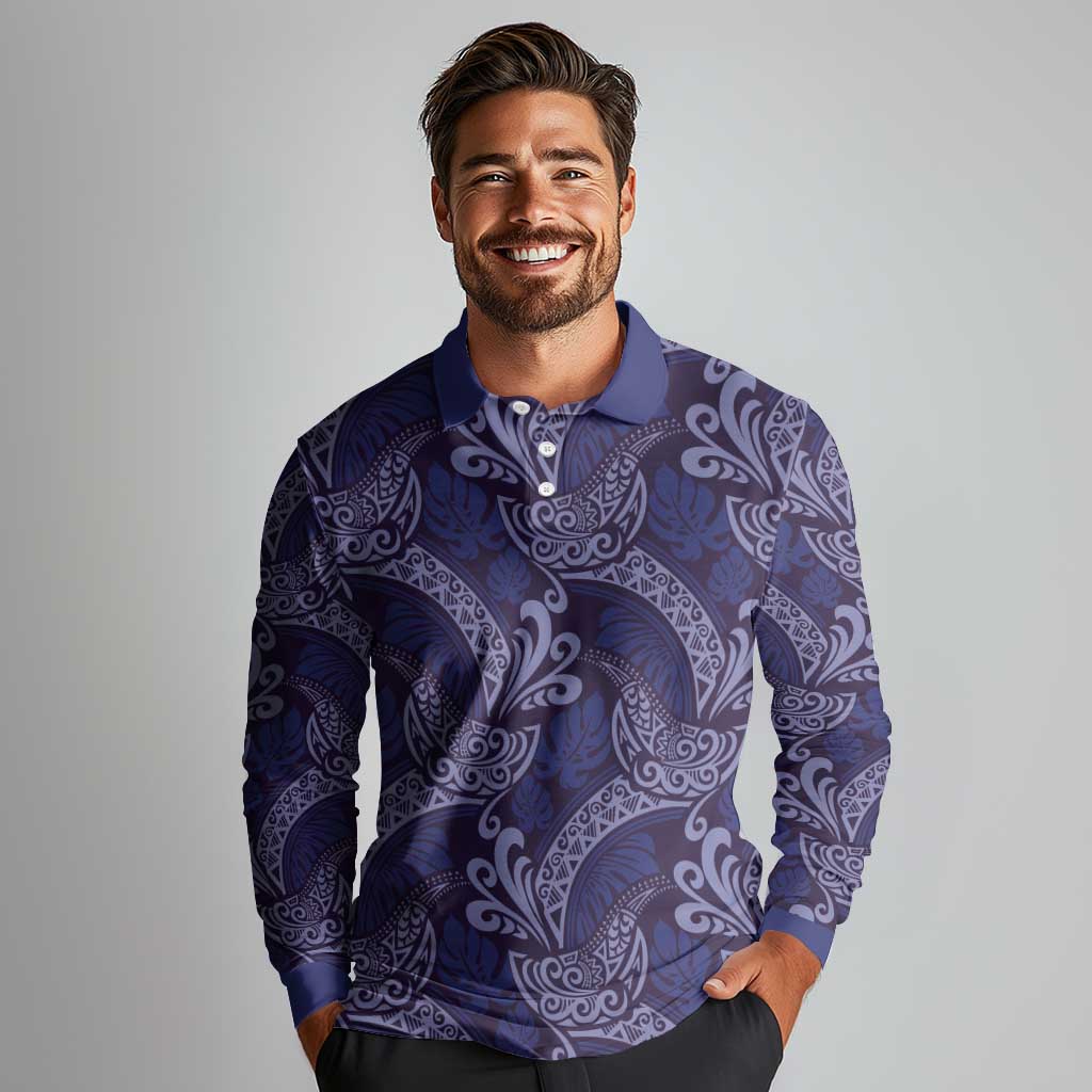 Deep Blue Monstera Long Sleeve Polo Shirt Polynesian Tribal Pattern - Polynesian Pride