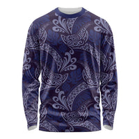 Deep Blue Monstera Long Sleeve Shirt Polynesian Tribal Pattern - Polynesian Pride