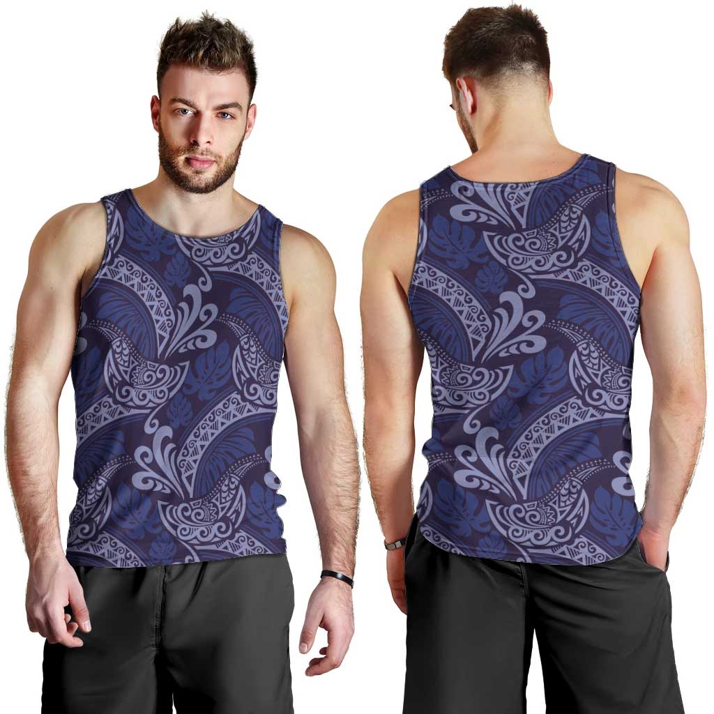 Deep Blue Monstera Men Tank Top Polynesian Tribal Pattern - Polynesian Pride