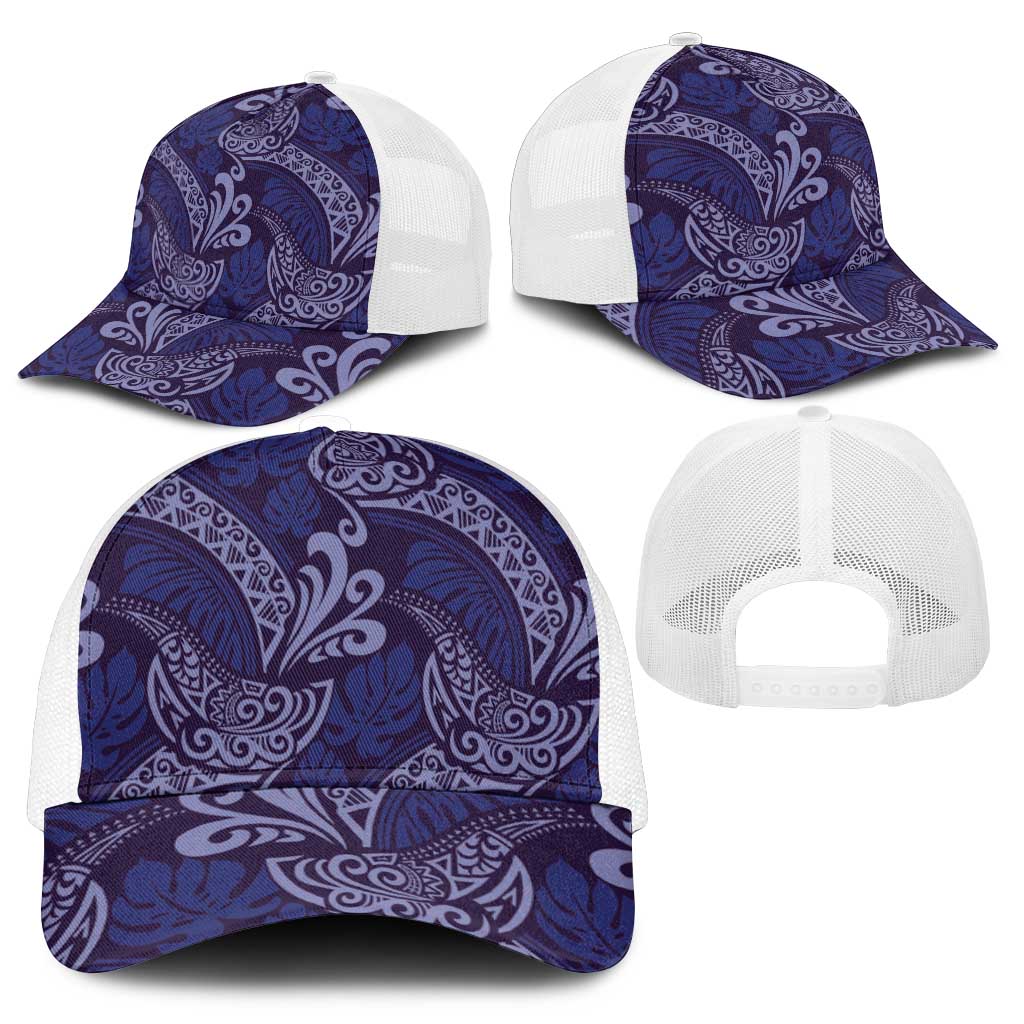Deep Blue Monstera Mesh Trucker Cap Polynesian Tribal Pattern - Polynesian Pride
