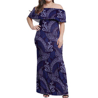 Deep Blue Monstera Off Shoulder Maxi Dress Polynesian Tribal Pattern - Polynesian Pride