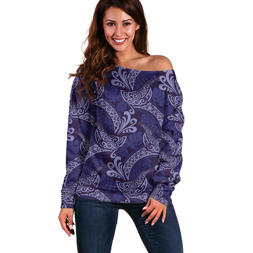 Deep Blue Monstera Off Shoulder Sweater Polynesian Tribal Pattern - Polynesian Pride