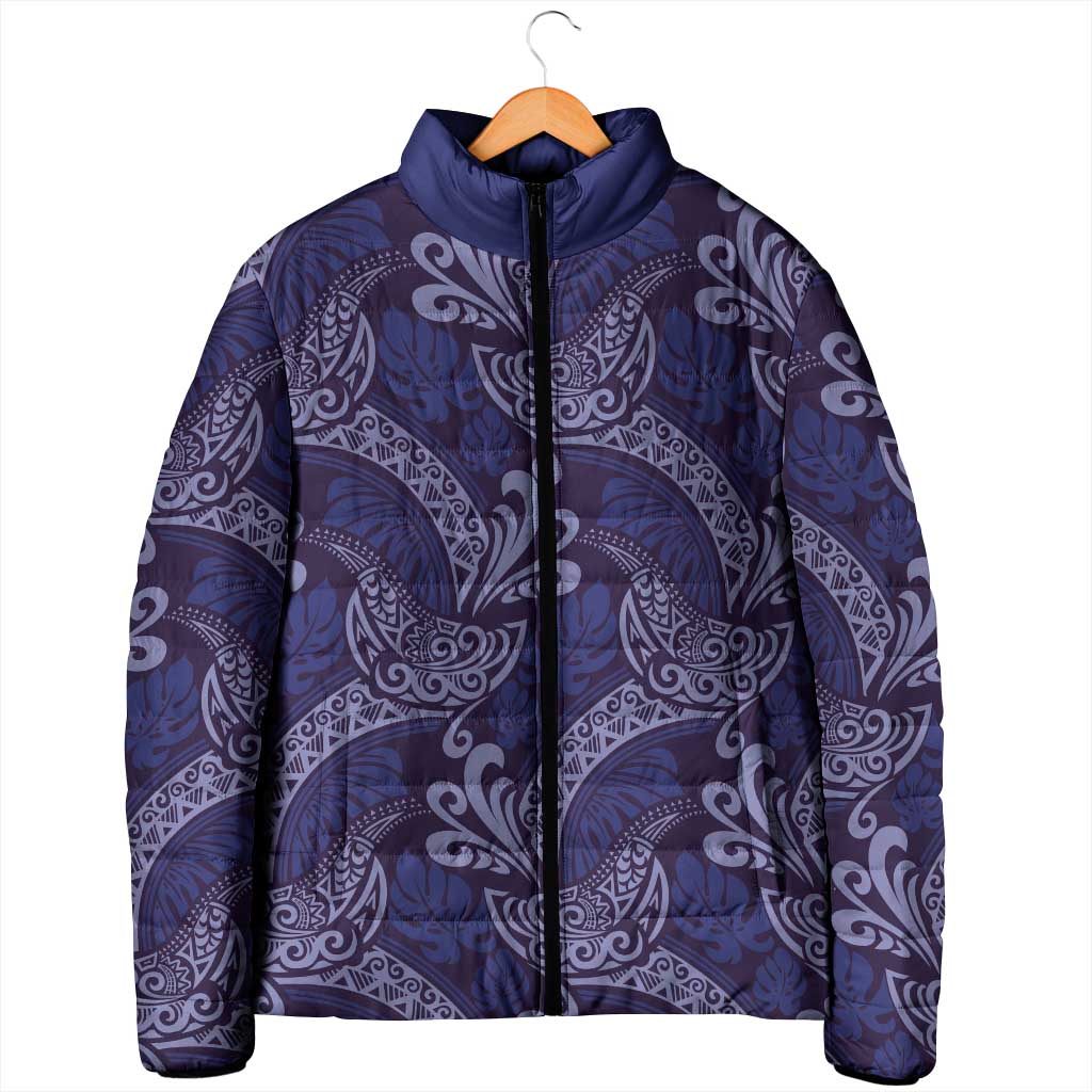 Deep Blue Monstera Padded Jacket Polynesian Tribal Pattern - Polynesian Pride
