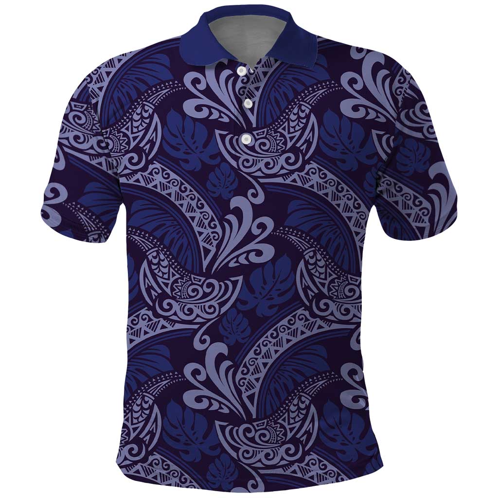 Deep Blue Monstera Polo Shirt Polynesian Tribal Pattern - Polynesian Pride