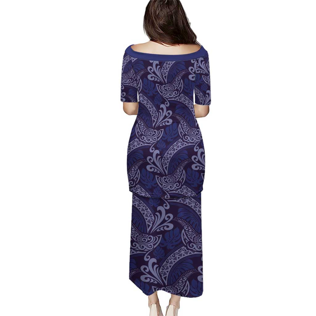 Deep Blue Monstera Puletasi Polynesian Tribal Pattern - Polynesian Pride