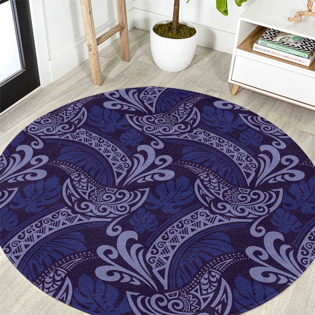 Deep Blue Monstera Round Carpet Polynesian Tribal Pattern - Polynesian Pride