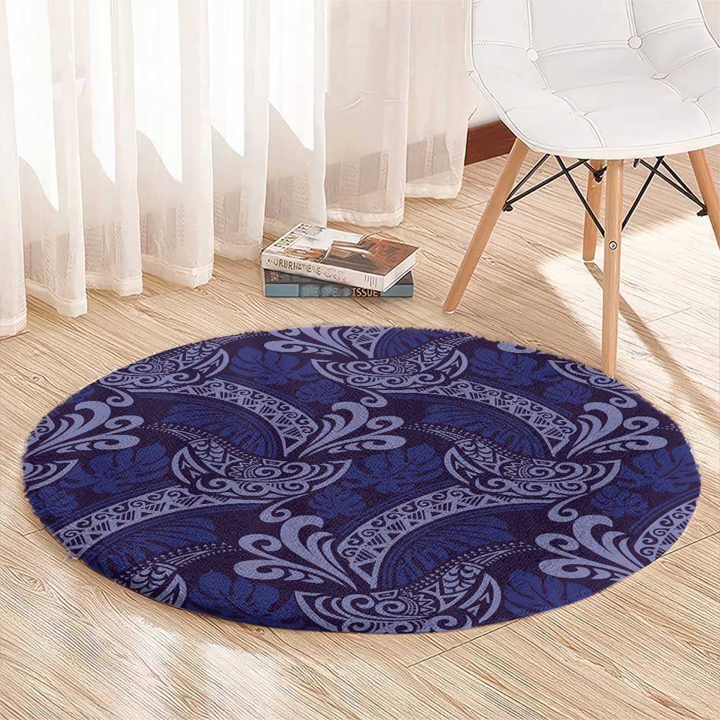 Deep Blue Monstera Round Carpet Polynesian Tribal Pattern - Polynesian Pride
