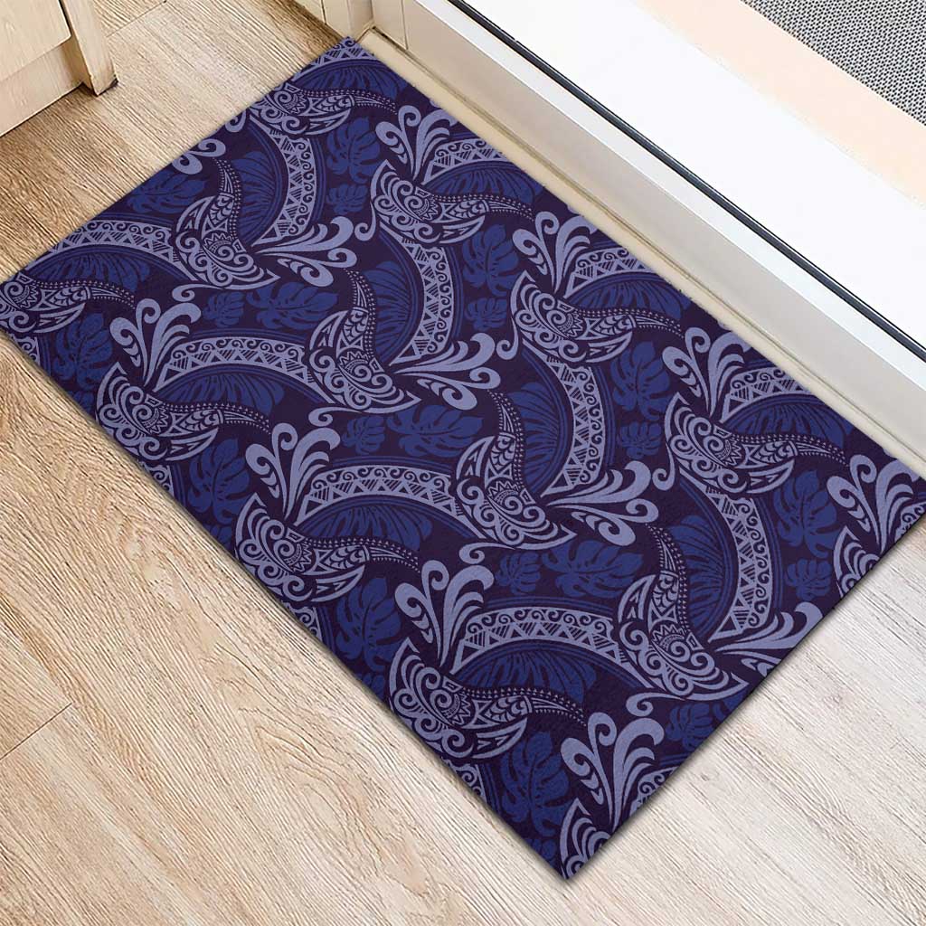Deep Blue Monstera Rubber Doormat Polynesian Tribal Pattern - Polynesian Pride