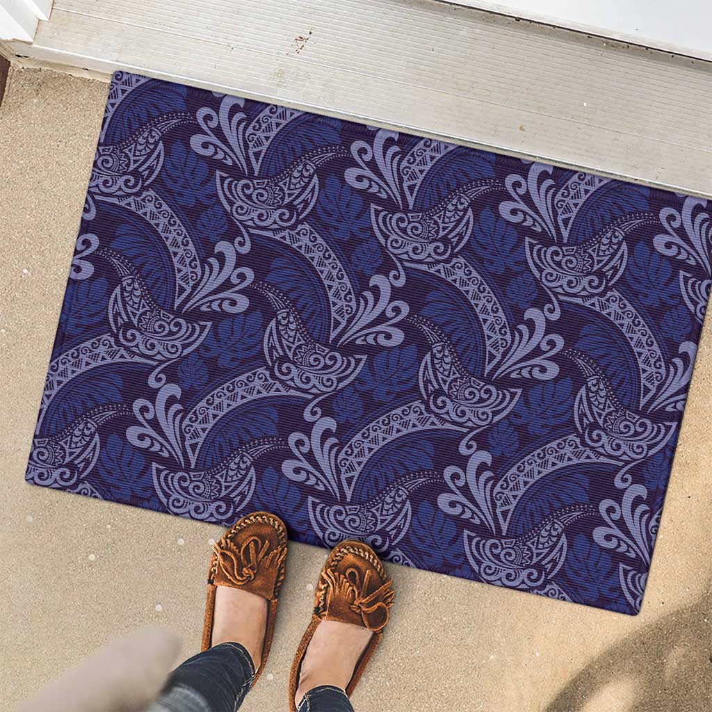 Deep Blue Monstera Rubber Doormat Polynesian Tribal Pattern - Polynesian Pride
