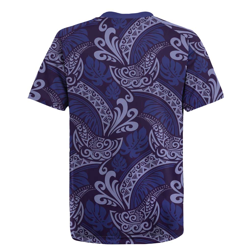Deep Blue Monstera Rugby Jersey Polynesian Tribal Pattern - Polynesian Pride