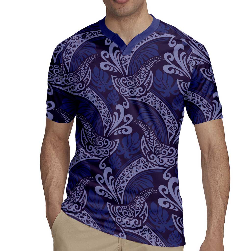 Deep Blue Monstera Rugby Jersey Polynesian Tribal Pattern - Polynesian Pride