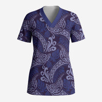 Deep Blue Monstera Scrub Top Polynesian Tribal Pattern - Polynesian Pride