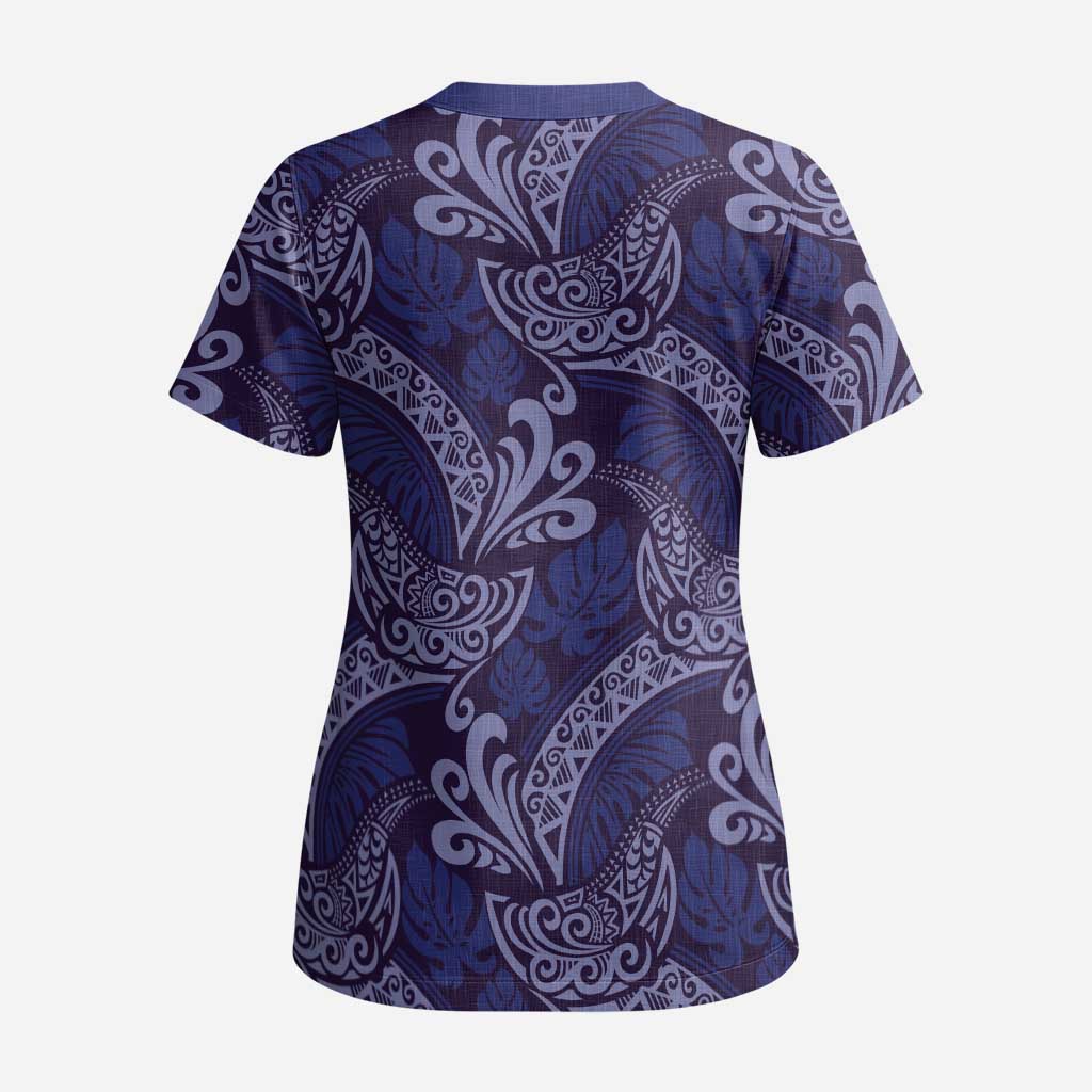 Deep Blue Monstera Scrub Top Polynesian Tribal Pattern - Polynesian Pride