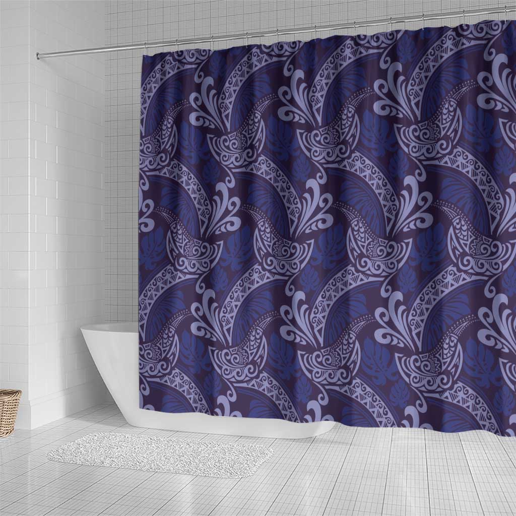 Deep Blue Monstera Shower Curtain Polynesian Tribal Pattern - Polynesian Pride