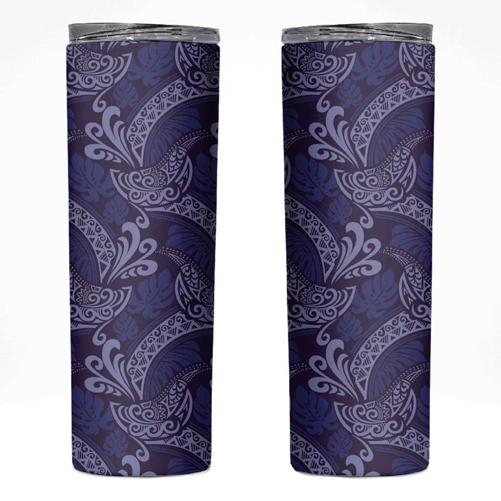Deep Blue Monstera Skinny Tumbler Polynesian Tribal Pattern - Polynesian Pride