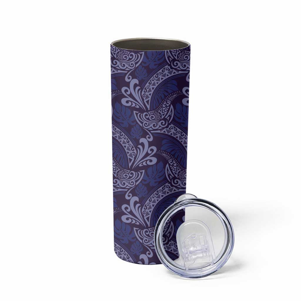 Deep Blue Monstera Skinny Tumbler Polynesian Tribal Pattern - Polynesian Pride