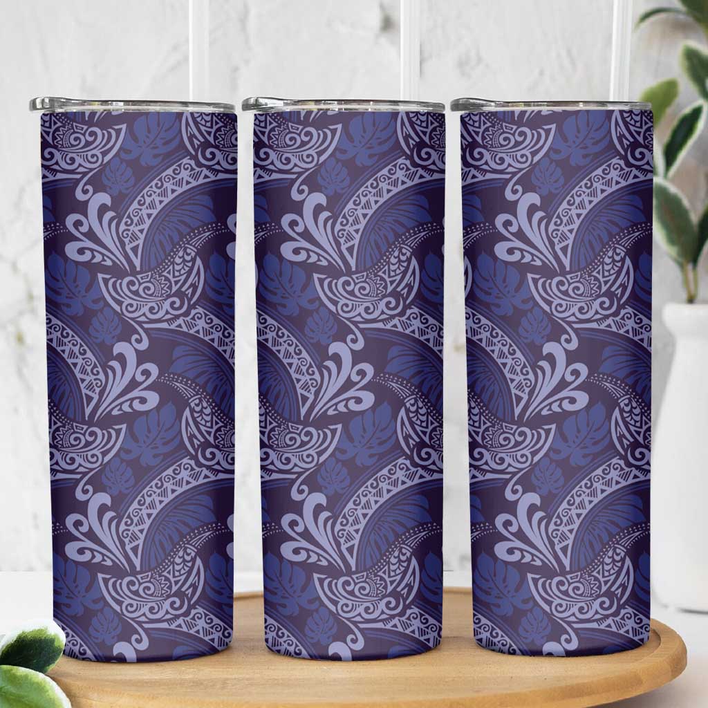 Deep Blue Monstera Skinny Tumbler Polynesian Tribal Pattern - Polynesian Pride