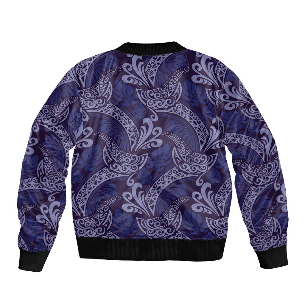 Deep Blue Monstera Sleeve Zip Bomber Jacket Polynesian Tribal Pattern - Polynesian Pride