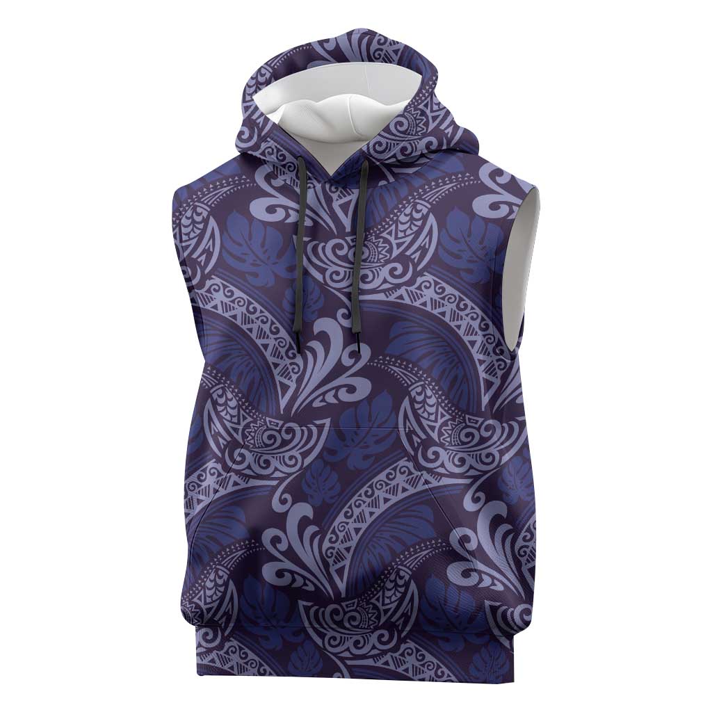 Deep Blue Monstera Sleeveless Hoodie Polynesian Tribal Pattern - Polynesian Pride