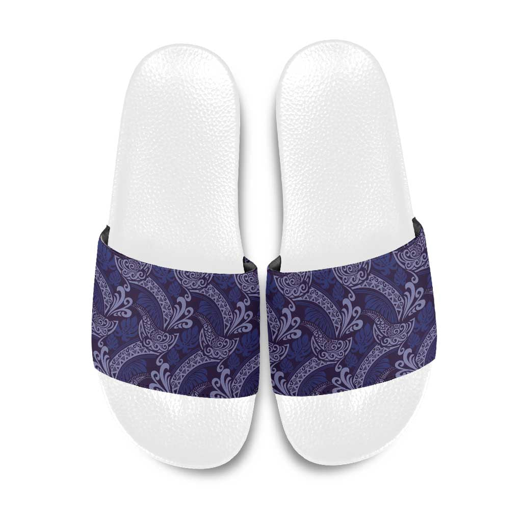 Deep Blue Monstera Slide Sandals Polynesian Tribal Pattern - Polynesian Pride