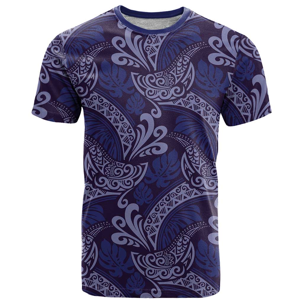 Deep Blue Monstera T Shirt Polynesian Tribal Pattern - Polynesian Pride