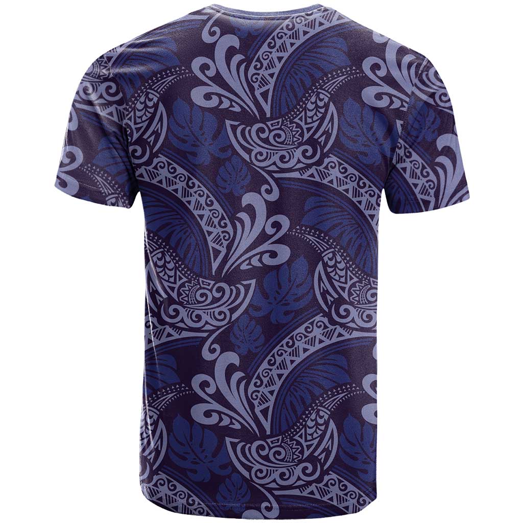Deep Blue Monstera T Shirt Polynesian Tribal Pattern - Polynesian Pride
