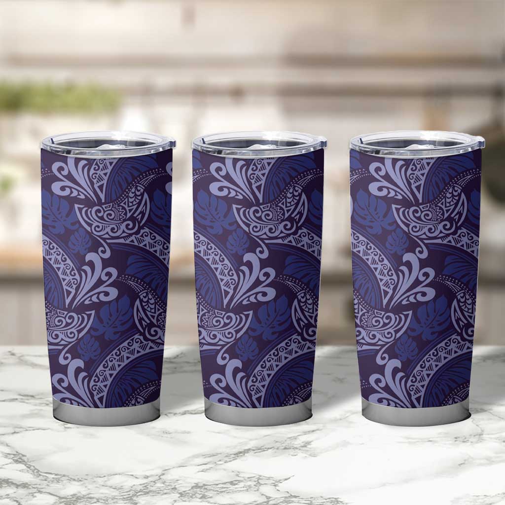 Deep Blue Monstera Tumbler Cup Polynesian Tribal Pattern - Polynesian Pride