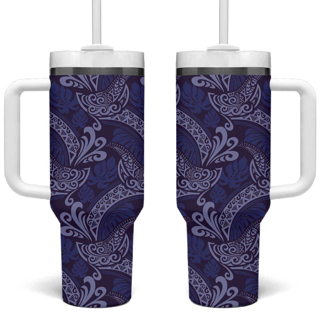 Deep Blue Monstera Tumbler With Handle Polynesian Tribal Pattern - Polynesian Pride