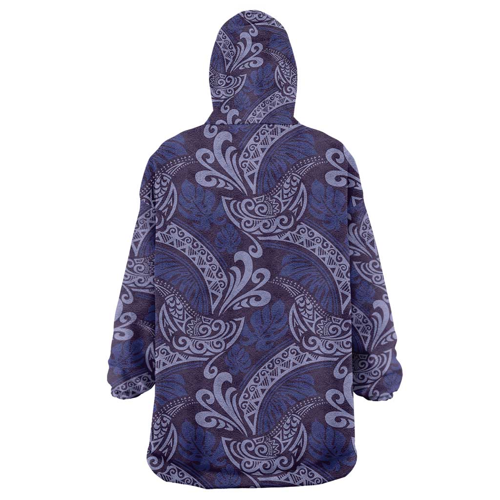 Deep Blue Monstera Wearable Blanket Hoodie Polynesian Tribal Pattern - Polynesian Pride