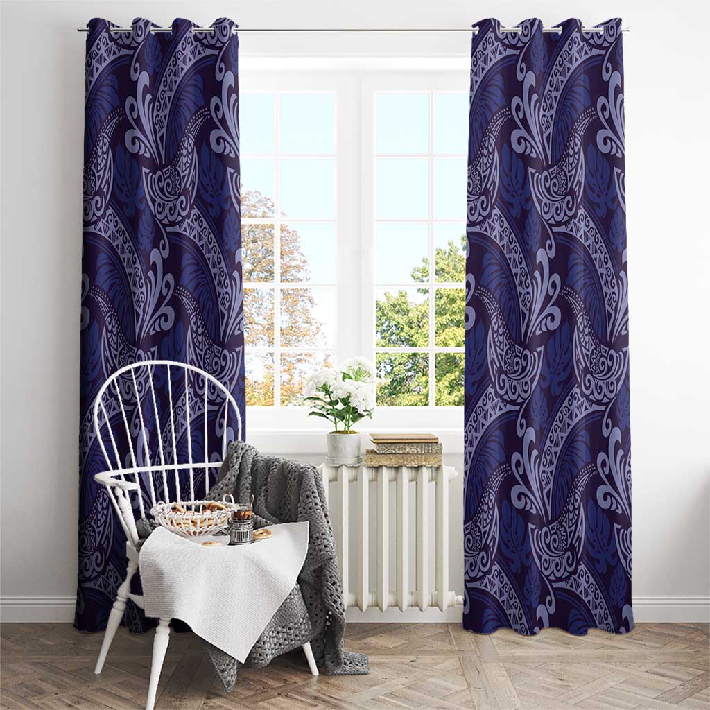Deep Blue Monstera Window Curtain Polynesian Tribal Pattern - Polynesian Pride
