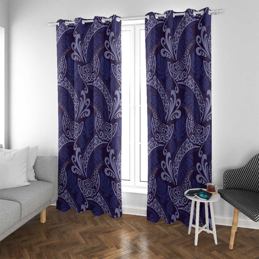 Deep Blue Monstera Window Curtain Polynesian Tribal Pattern - Polynesian Pride