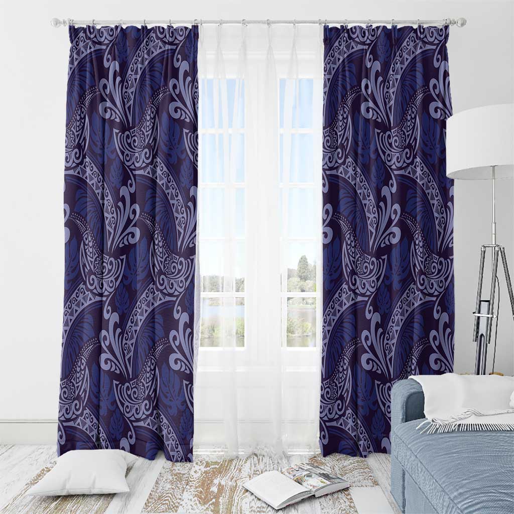 Deep Blue Monstera Window Curtain Polynesian Tribal Pattern - Polynesian Pride