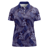 Deep Blue Monstera Women Polo Shirt Polynesian Tribal Pattern - Polynesian Pride
