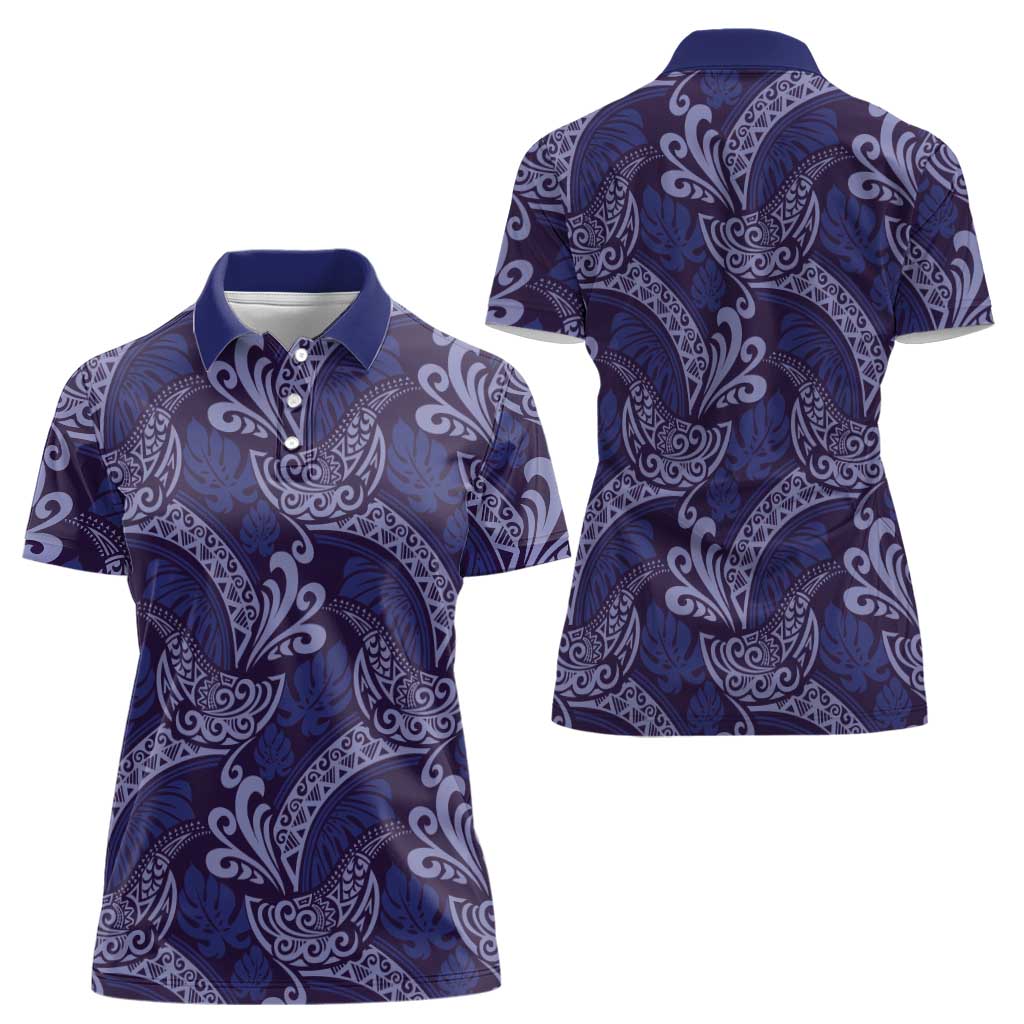 Deep Blue Monstera Women Polo Shirt Polynesian Tribal Pattern - Polynesian Pride