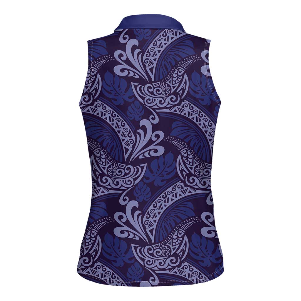 Deep Blue Monstera Women Sleeveless Polo Shirt Polynesian Tribal Pattern - Polynesian Pride