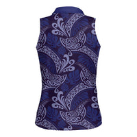 Deep Blue Monstera Women Sleeveless Polo Shirt Polynesian Tribal Pattern - Polynesian Pride