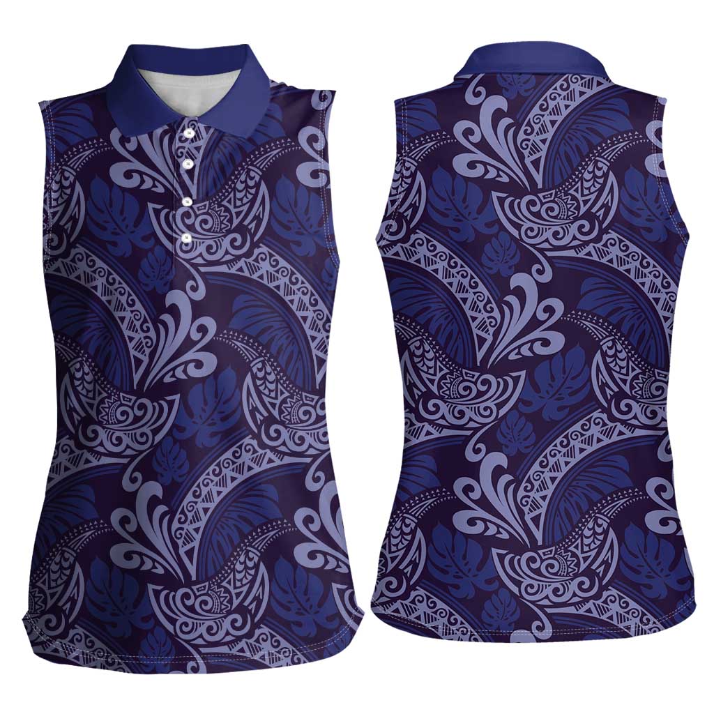 Deep Blue Monstera Women Sleeveless Polo Shirt Polynesian Tribal Pattern - Polynesian Pride
