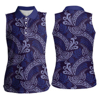 Deep Blue Monstera Women Sleeveless Polo Shirt Polynesian Tribal Pattern - Polynesian Pride