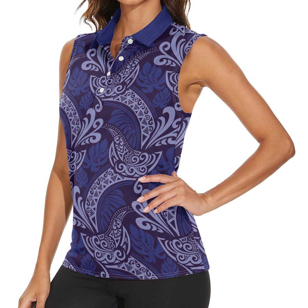 Deep Blue Monstera Women Sleeveless Polo Shirt Polynesian Tribal Pattern - Polynesian Pride
